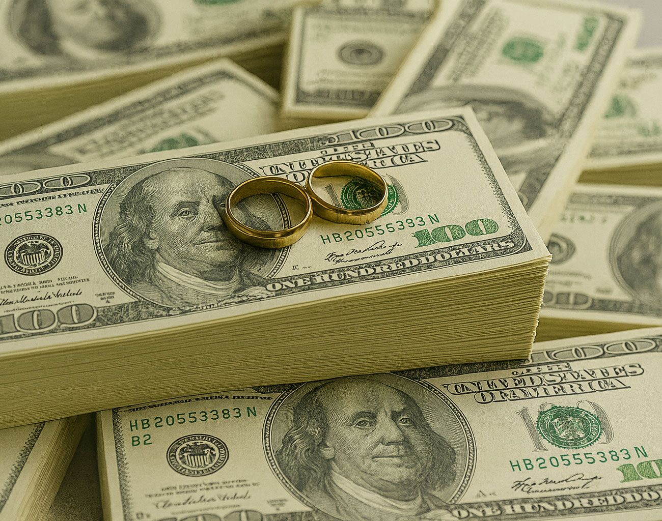 High-Net-Worth-Image of stacks of money with wedding rings atop